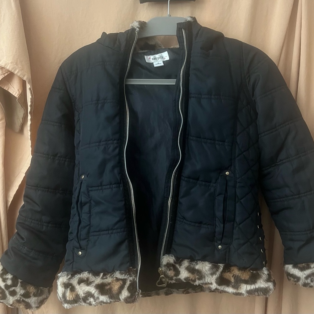 Amy Byers Girls Medium (Size 10/12) hooded faux leopard winter jacket